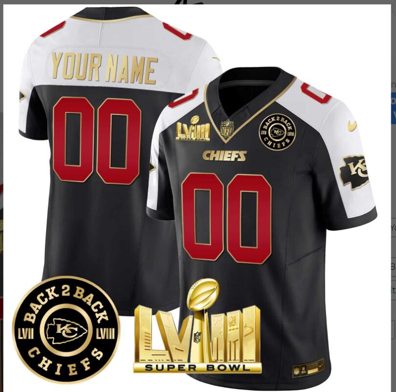 Men 2024 Nike NFL Kansas City Chiefs Super Bowl LVIII & Back 2 Back Gold Patch Vapor Custom Jersey